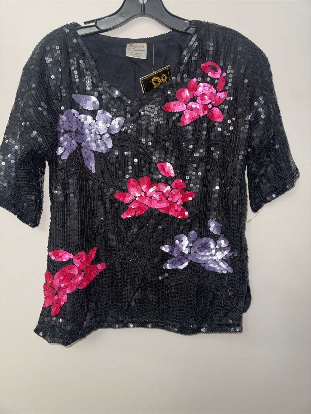 Vintage Elegant Sequin Floral Top - Black with Pink & Lavender Flowers Sz Small